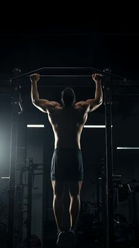 Man performing pull ups in dark gym fitness studio overhead view of back