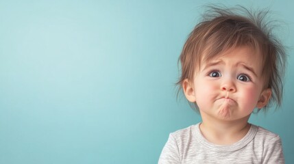 Fototapeta premium Cute toddler showing a pout with messy hair against a blue background