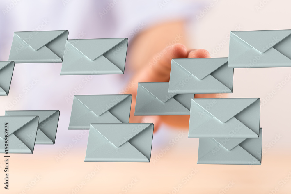 Aufkleber Hand interacting with floating email icons. Digital communication, inbox management.
