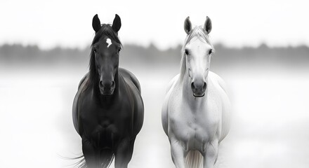 white horse in the snow.Majestic Black and White Horses: Ethereal Foggy Portrait.