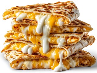 A delicious looking stack of chicken quesadillas with lots of melted cheese