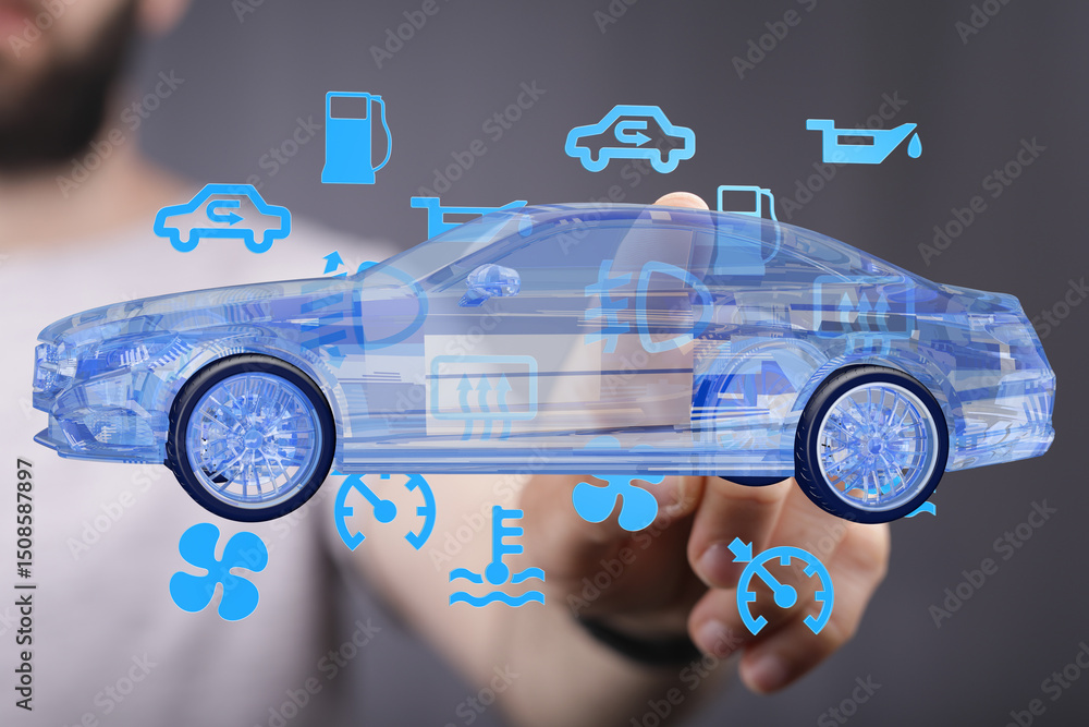 Poster stock photo of a hand interacting with a digital 3d car model, highlighting various diagnostic indic