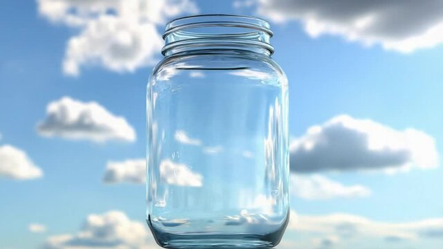 Transparent glass jar with a clean design against a bright blue sky and fluffy white clouds in the background