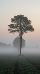 Solitary Tree in Misty Dawn: A Serene Rural Landscape at Sunrise