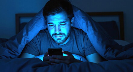 Man crying sadly reading phone late at night in bed