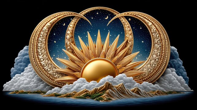 Golden sun and crescent moons celestial design