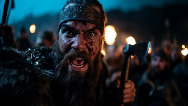 Furious Viking warrior screaming in the middle of a battlefield while holding an axe.