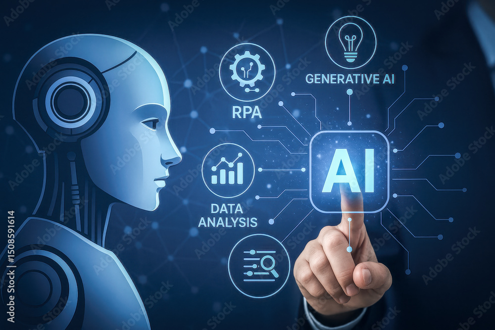 Poster profile of futuristic robotic face connected to digital icons showing rpa data analysis generative a
