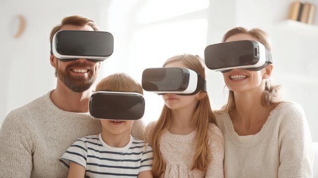 Happy Family Wearing Virtual Reality Headsets Indoors Experiencing Simulated Worlds