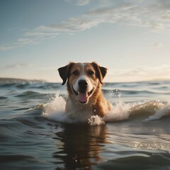 Happy dog splashing in the ocean at sunset, enjoying a fun day at the beach with a cheerful expression and wet fur