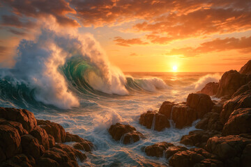 Golden sunset illuminating powerful ocean swells cascading onto rugged rocky shoreline creating mesmerizing seascape drama with warm light and contrasting shadows