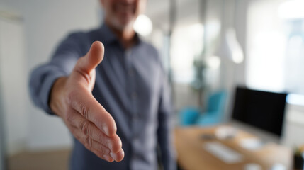 Corporate Professional in Office Reaching Out for Handshake to Initiate Business Conversation or Formal Meeting