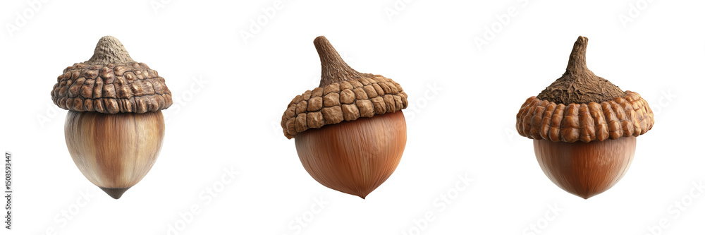 Poster acorn trio set. nature and botanical study collection isolated on transparent background