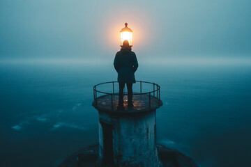 Man standing at the top of an old lighthouse