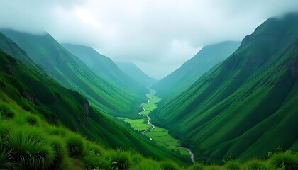 Obraz premium Lush green valley landscape with river and mountains on a cloudy day
