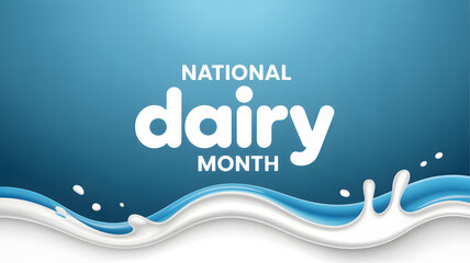Celebratory digital illustration for national dairy month featuring milk splash and blue background