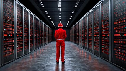 Server Room Enigma: A Technician's Back View in a Data Center - Powered by Adobe