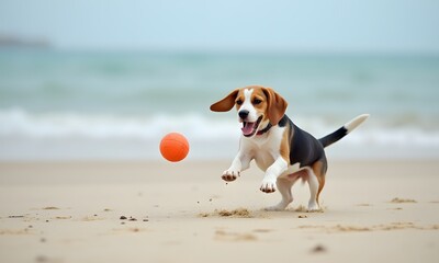 Playful Beagle Puppy Jumping with Energy on Sunny Beach