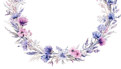 Obraz premium Wreath frame with watercolor pastel fragile wildflowers, stems and tiny leaves, isolated png