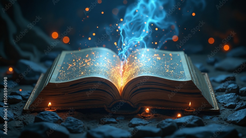 Poster mysterious glowing book with ancient knowledge and ethereal light perfect for fantasy magic