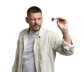 Targeting. Man with dart aiming on white background