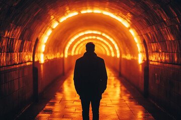 Man standing in a long hallway lined with torches silhouette