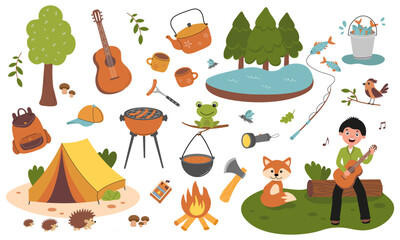 Fun hiking activities and nature elements with character. Set of camping and hiking items. Summer travel and picnic. Accessories for tourism and adventure. Flat vector illustration on white background