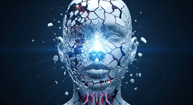 Fractured AI Head Revealing Digital Core and Circuitry