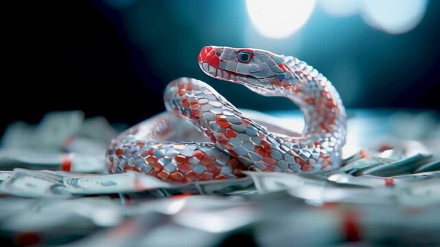 A snake is laying on a pile of money. The snake is red and white and has a red head. The money is in various denominations