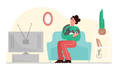 People time with pet cat vector illustration. Cartoon flat happy man owner character sitting on sofa in home living room, watching tv, spending fun time with own animal, cat friend isolated on white