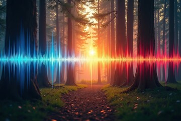 Soundwave in a serene forest landscape at sunrise.