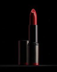 Obraz premium Striking lipstick product photo featuring bold red shade, elegantly illuminated with rim lighting against black background, creating dramatic and sophisticated look