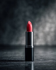 Vibrant red lipstick stands upright on sleek black glossy surface, showcasing its elegant design against blurred dark background. image evokes sense of beauty and sophistication