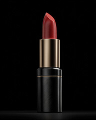 Obraz premium Luxurious lipstick in sleek black tube, showcasing vibrant red shade against soft black background, perfect for enhancing beauty and elegance