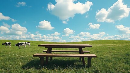Fototapeta premium clipart style simple plank wood table with cows in pasture background fluffy clouds blue sky stylized clean cartoon render
