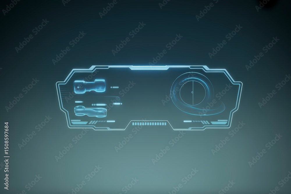 Poster futuristic interface with circular target and data display on blue hue