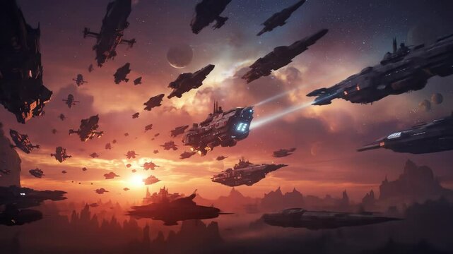 Numerous futuristic spaceships in formation at sunset in a vast sky