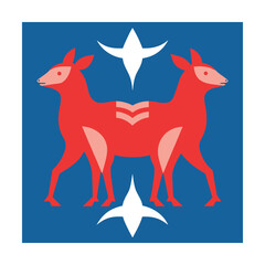 Minimalist red deer silhouettes with white stars on blue background for symbolic design