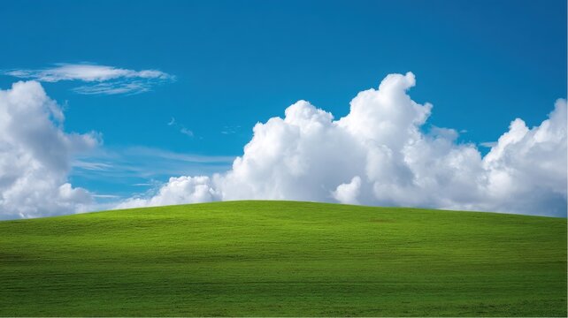 Green rolling hill under a blue sky with fluffy cumulus clouds during daytime