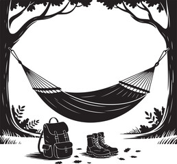 Man Lying in a Hammock. Hammock scene in a forest with backpack and boots.  Silhouette vector.