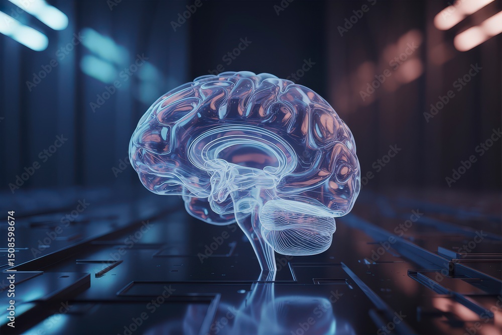 Poster translucent brain model illuminated on a futuristic circuit board surface