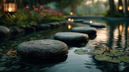 Foot-shaped stones in shallow water with a soft glow, evoking serenity and natural harmony