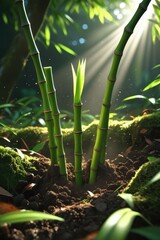 Serene Forest Scene with Bamboo Stalks and Sunlight Rays

