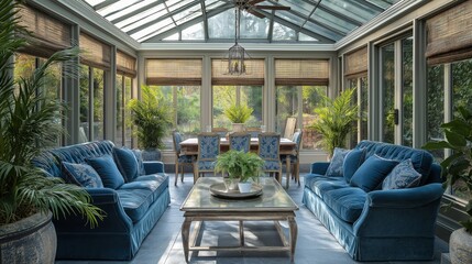 Elegant sunroom with glass ceiling, plush blue velvet sofas and chairs, rustic wood dining table, indoor plants, bamboo blinds and ceiling fan in a light-filled space