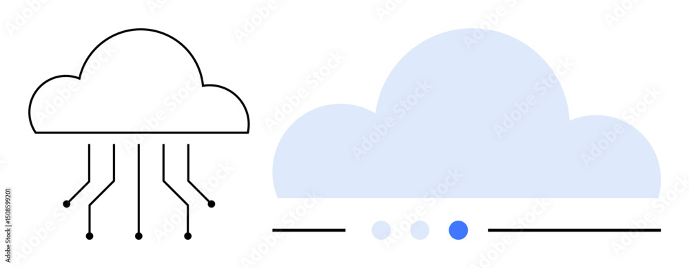 Poster two cloud icons one with data connections, the other with progress dots. ideal for technology, innov