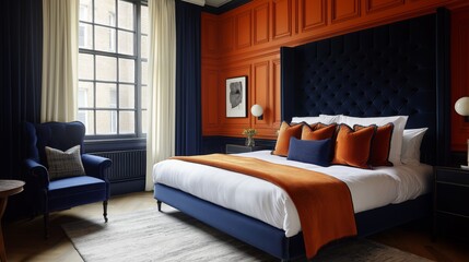 Sophisticated bedroom with tall navy velvet headboard, burnt orange paneled walls, crisp white bedding, contrasting cushions, velvet armchair and elegant window drapery