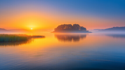 Obraz premium Peaceful morning lake scene with mist and reflection