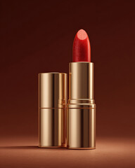 Luxurious lipstick in golden metal casing, showcasing vibrant red shade with shimmering finish, perfect for glamorous look. clean studio background enhances its elegance