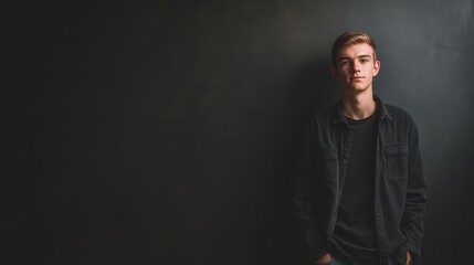 Fototapeta premium Young Man Posing Against a Dark Background in a Casual Outfit