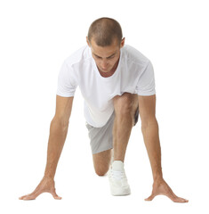 Runner in starting position on white background